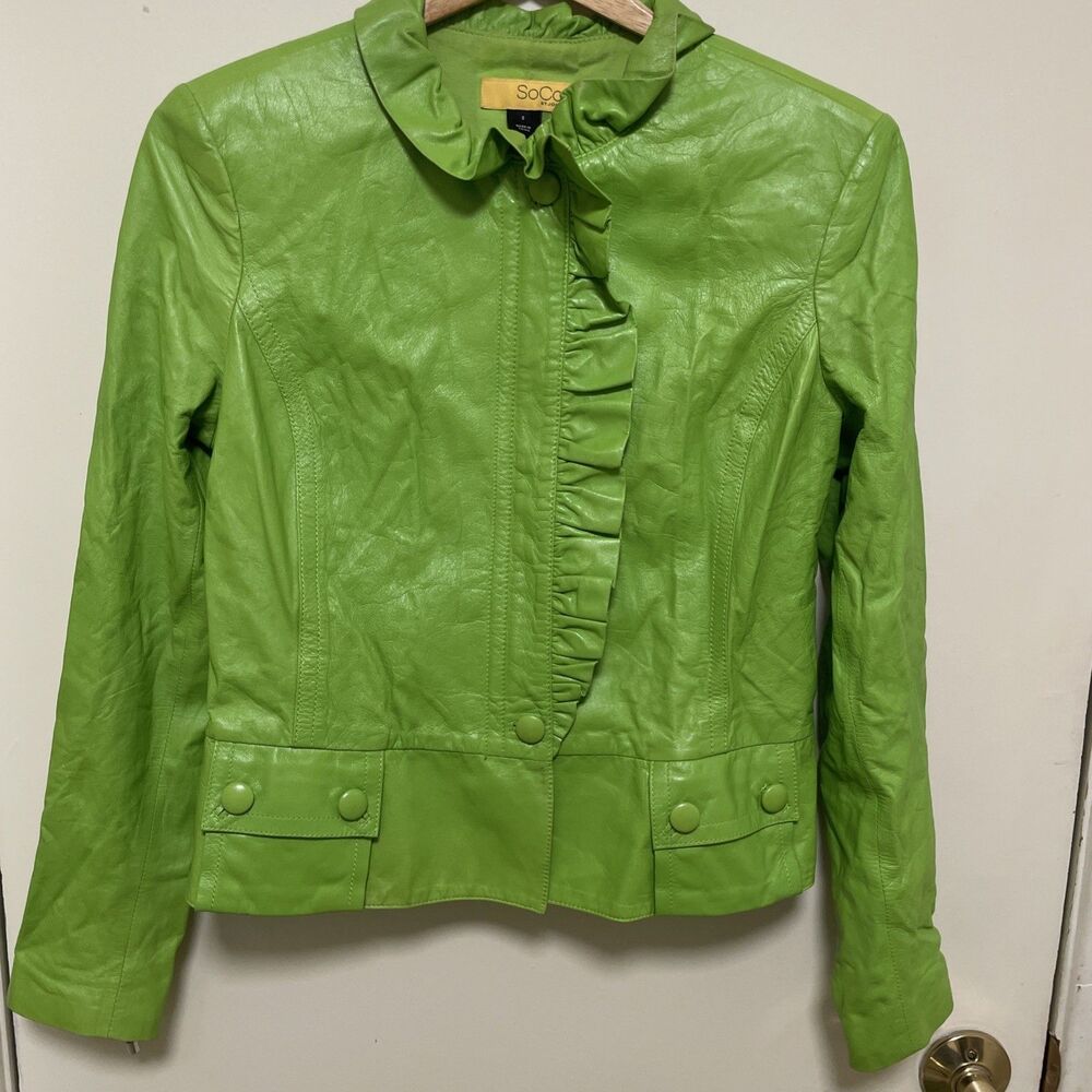 SoCa ST. JOHN Green Lamb Leather Jacket Moto Style Zipper VTG Small Ruffle